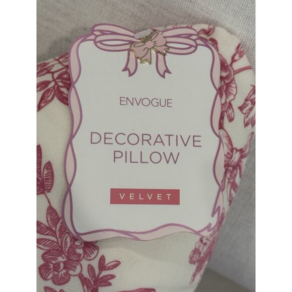 Envogue Pink White Floral Toile Velvet Bow Pillow Coquette Shabby Chic Decor - Picture 6 of 10
